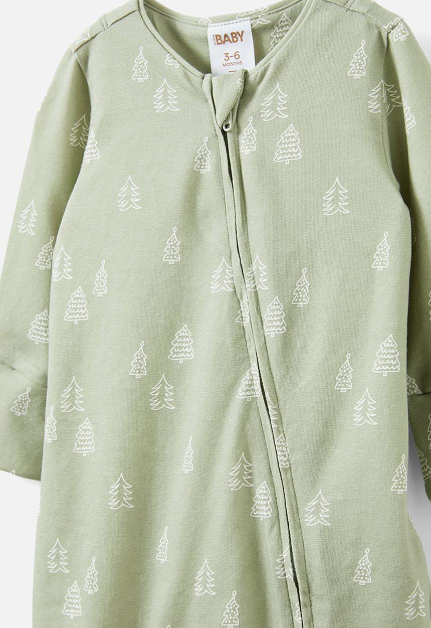 Cotton On - The long sleeve zip romper - deep sage/sketchy trees