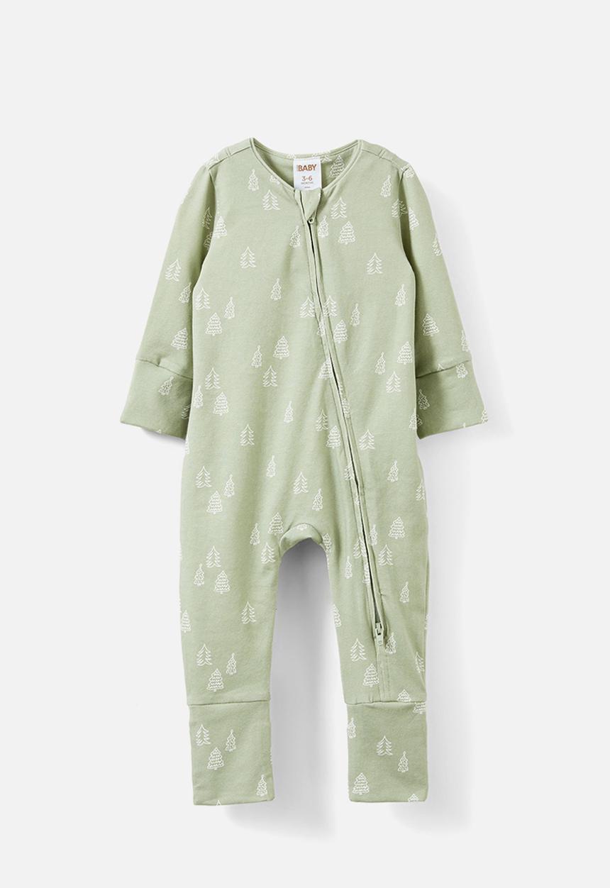 Cotton On - The long sleeve zip romper - deep sage/sketchy trees