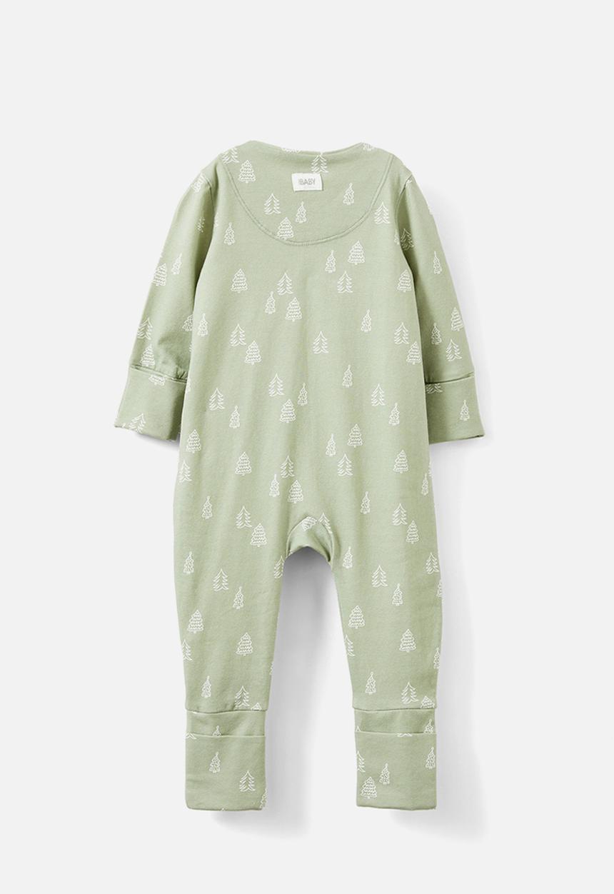 Cotton On - The long sleeve zip romper - deep sage/sketchy trees