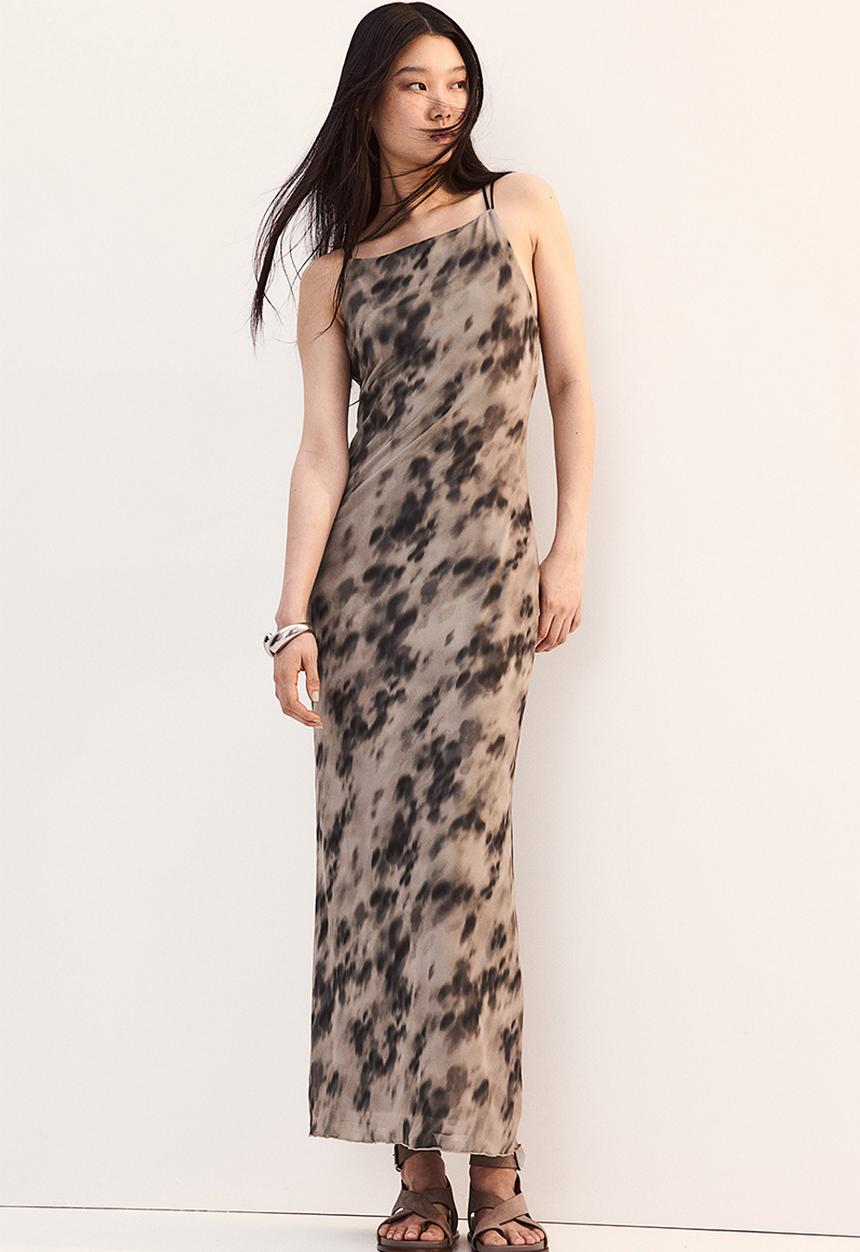 H&M - Tie-strap mesh bodycon dress - beige patterned 