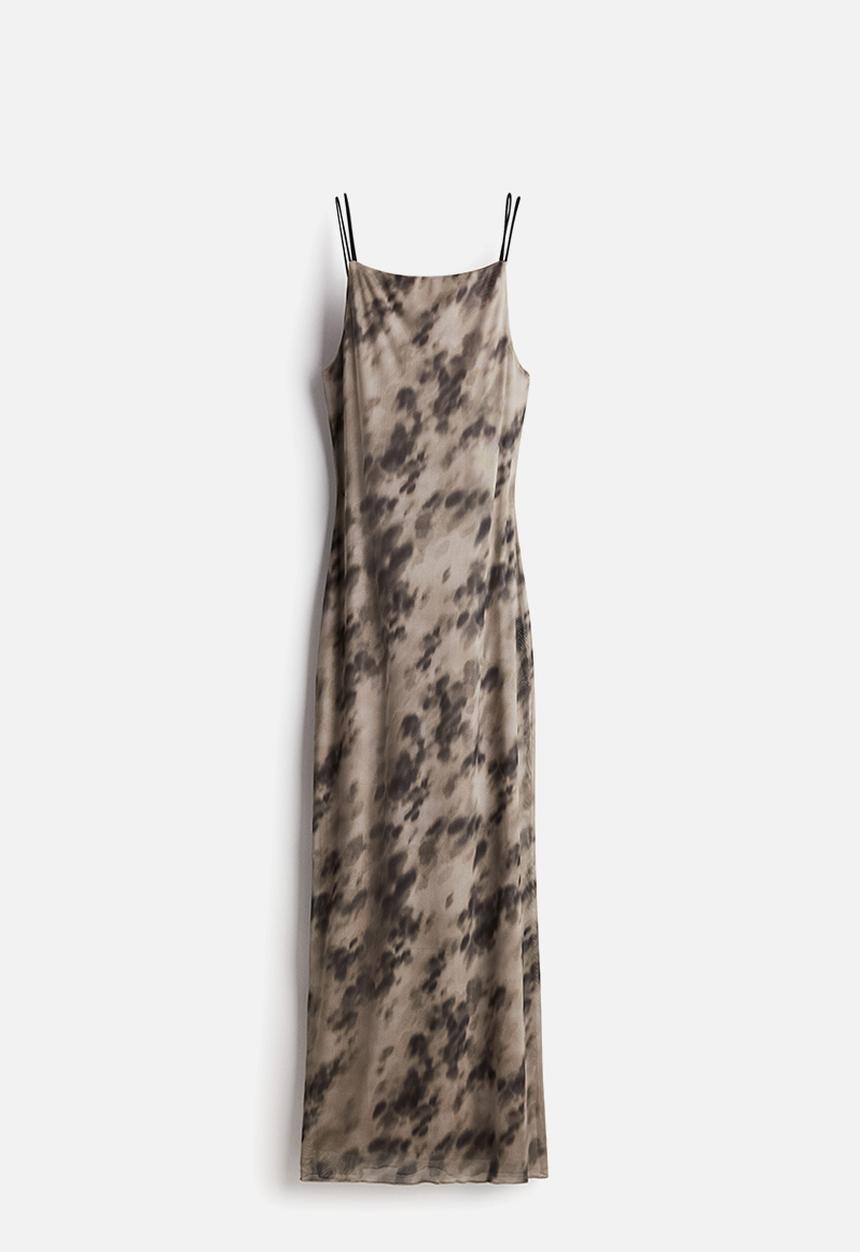 H&M - Tie-strap mesh bodycon dress - beige patterned 