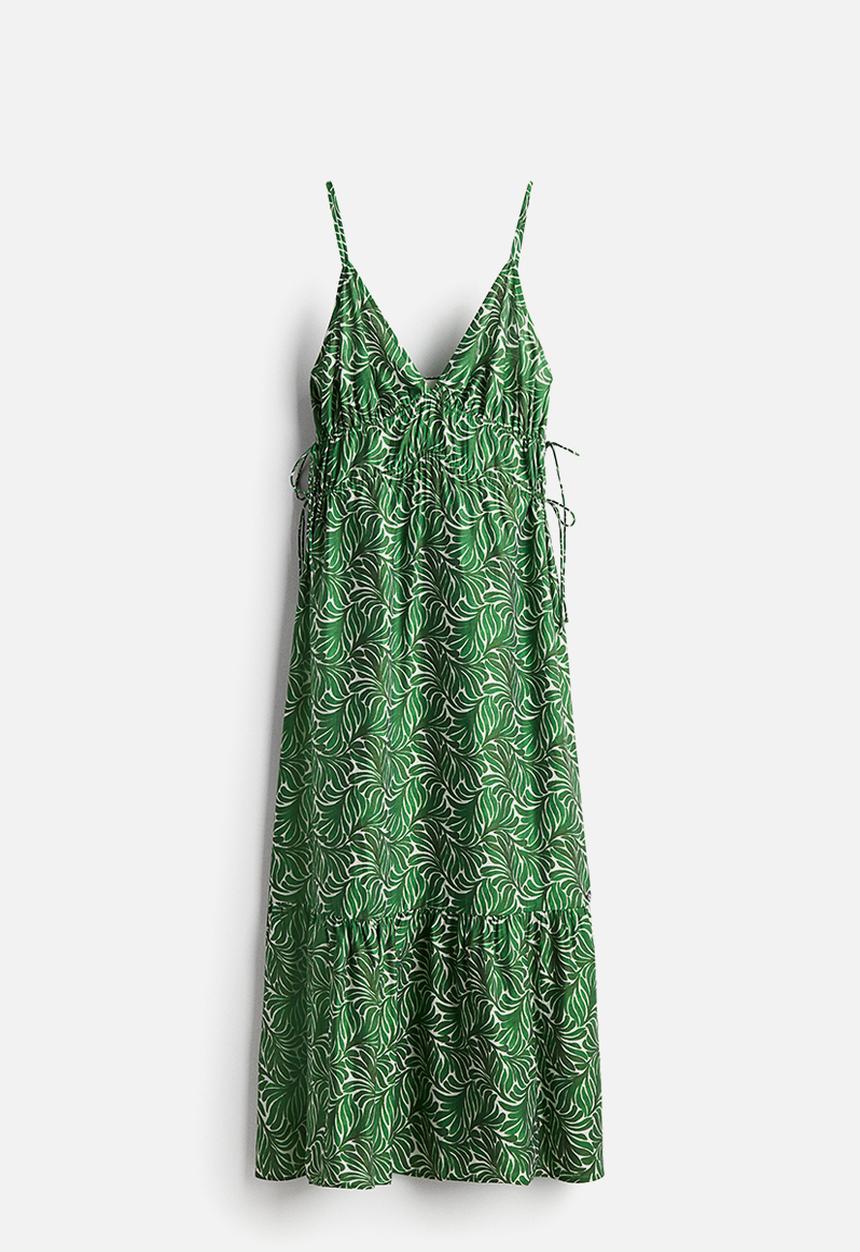 H&M - Drawstring-detail maxi dress - green patterned