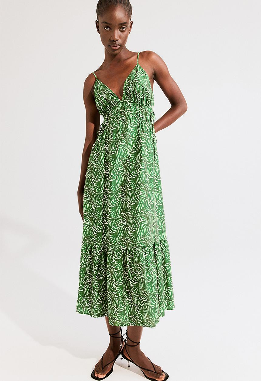 H&M - Drawstring-detail maxi dress - green patterned
