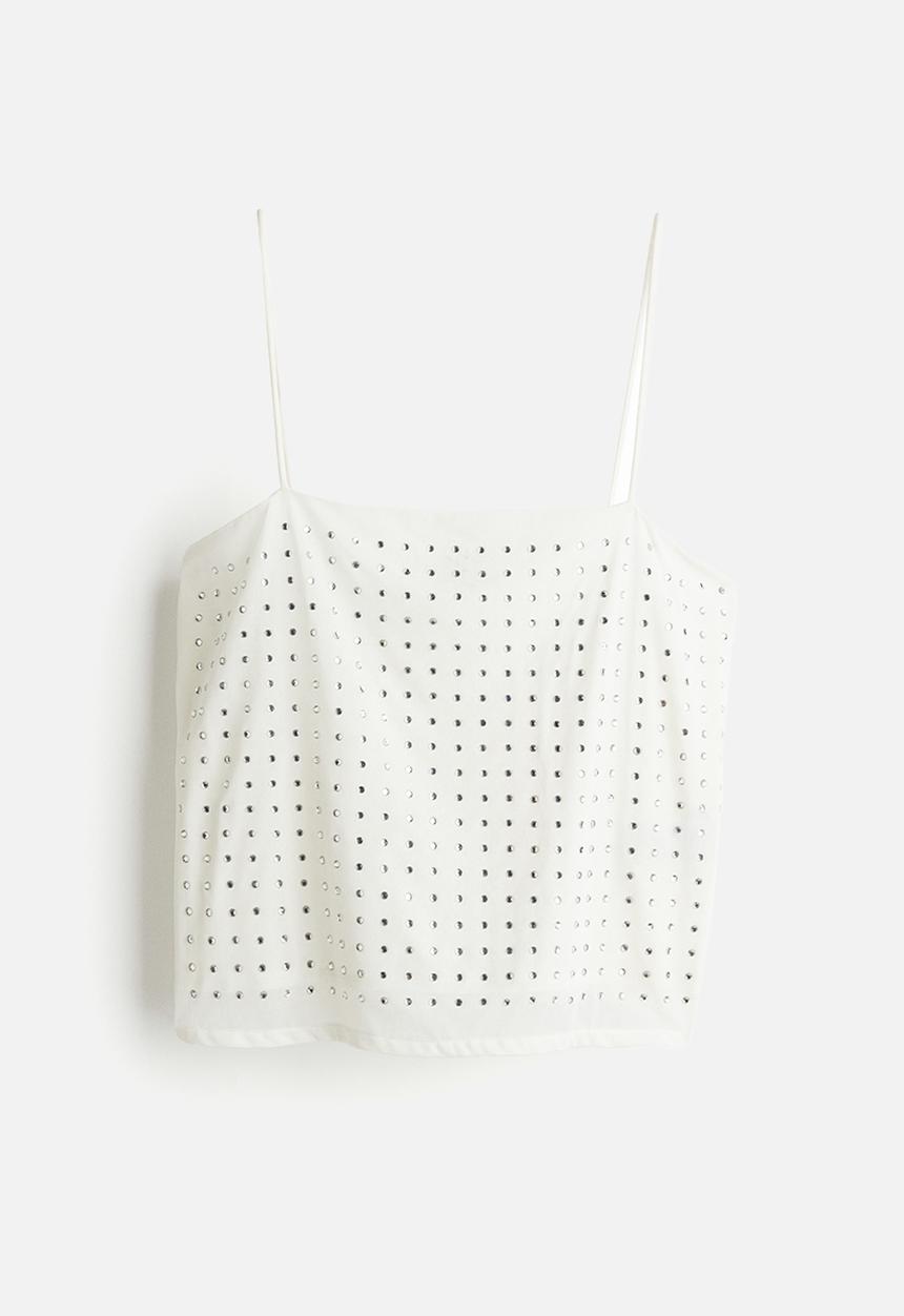 H&M - Rhinestone-embellished strappy top - cream 