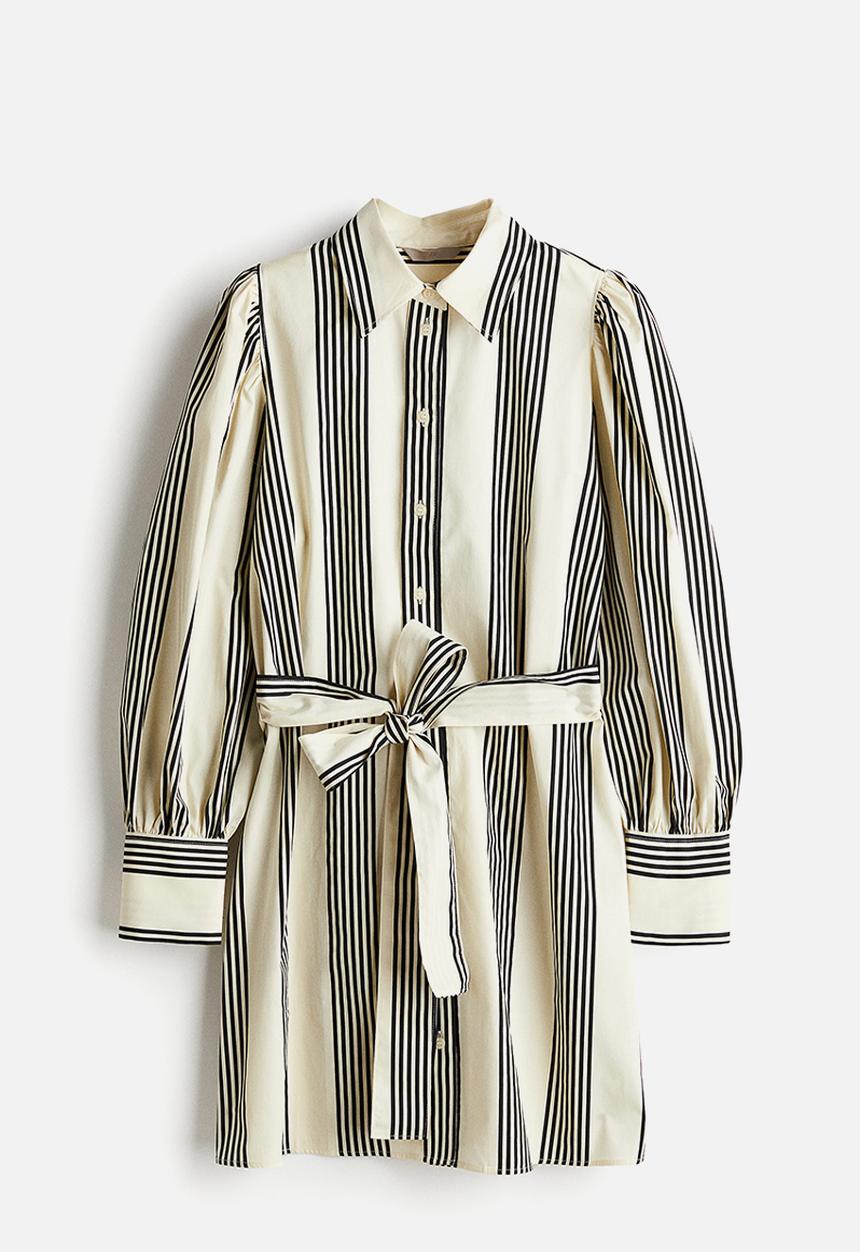 H&M - Tie-belt shirt dress - cream striped
