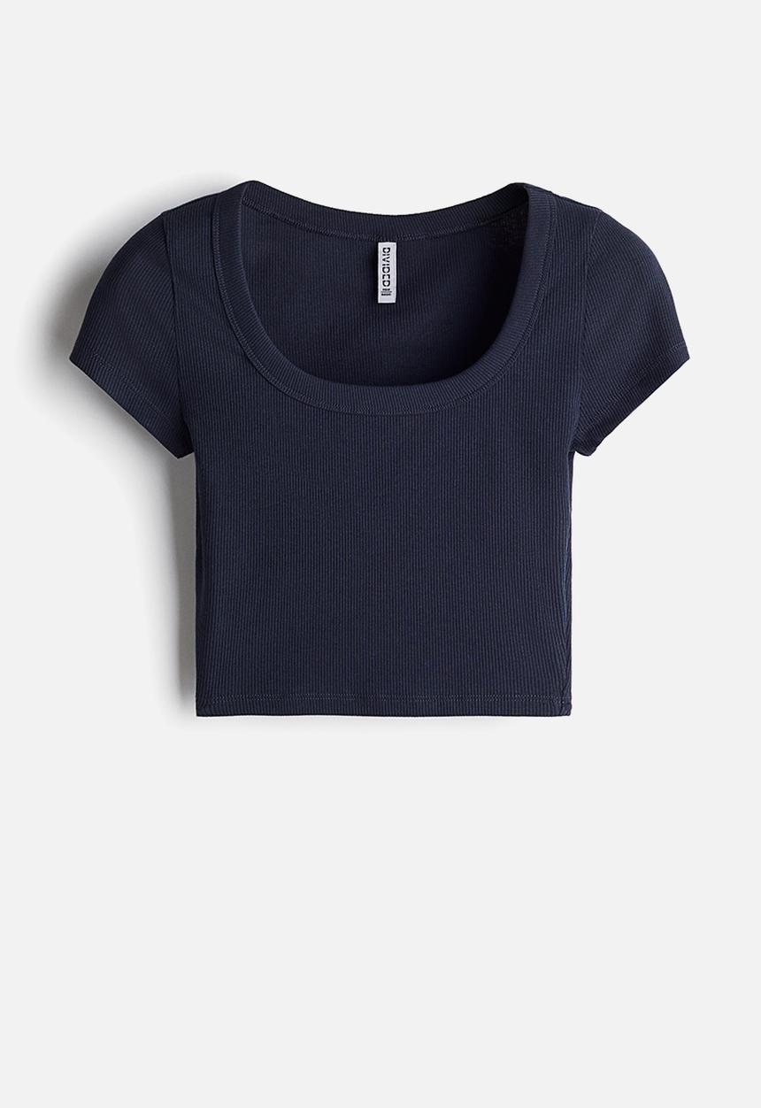 H&M - Cropped ribbed T-shirt - navy blue
