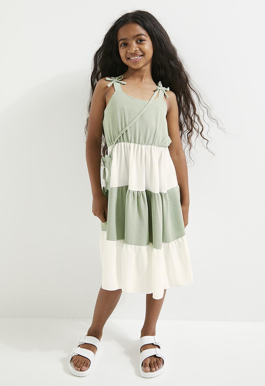 Pop Candy - Shoulder tie strap dress - sage & white