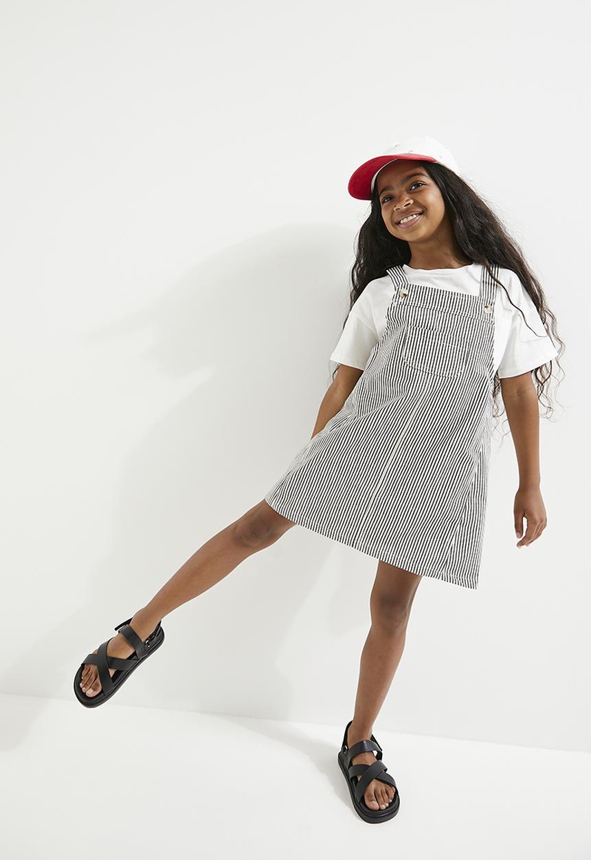 Pop Candy - Striped dungaree dress - black & ecru