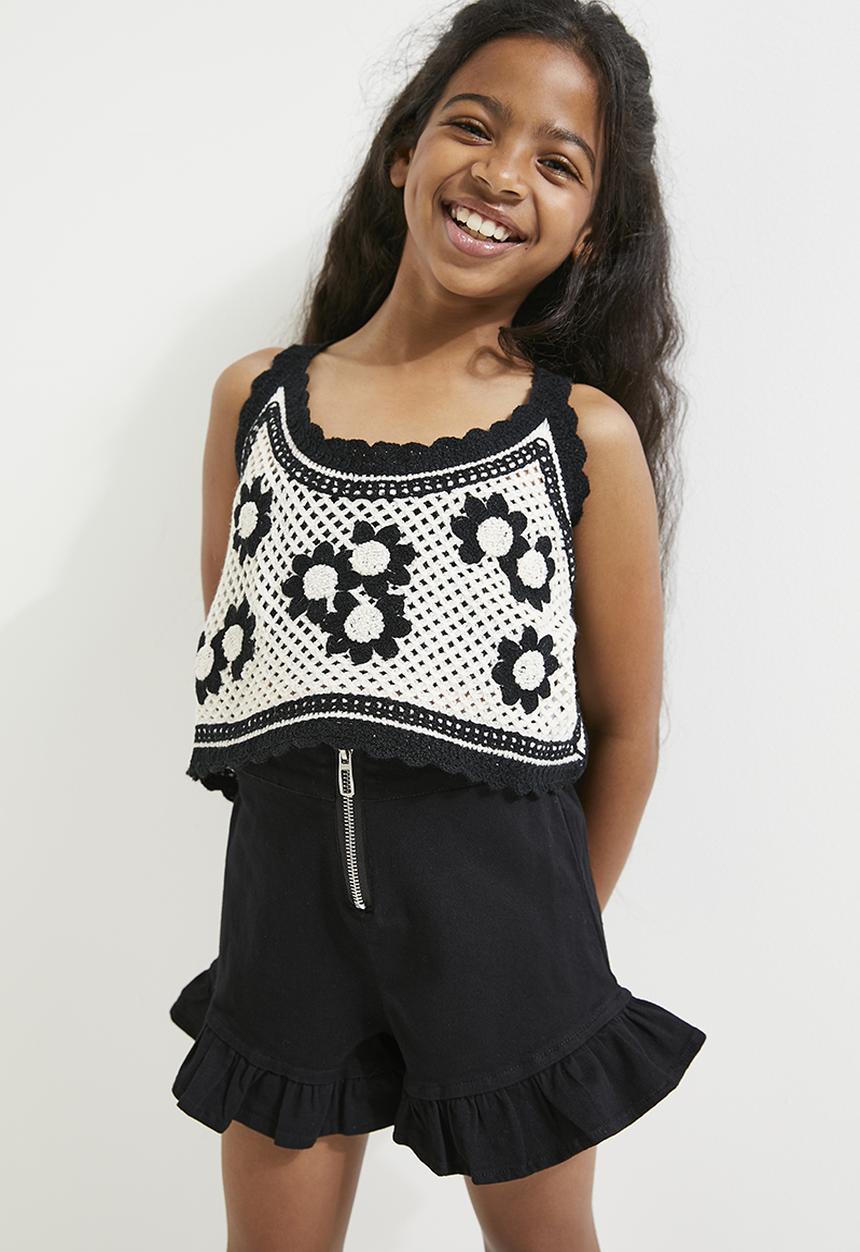 Pop Candy - Cropped cami top & short set - black & cream 