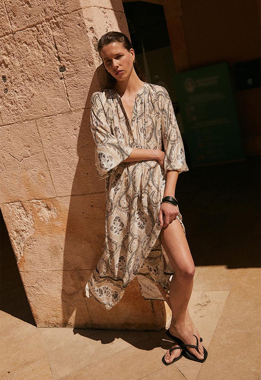 H&M - Balloon-sleeved dress - beige patterned