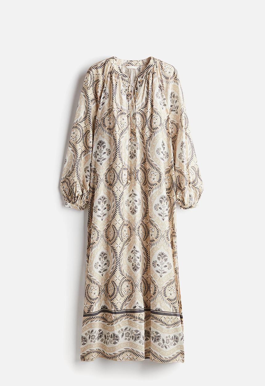 H&M - Balloon-sleeved dress - beige patterned