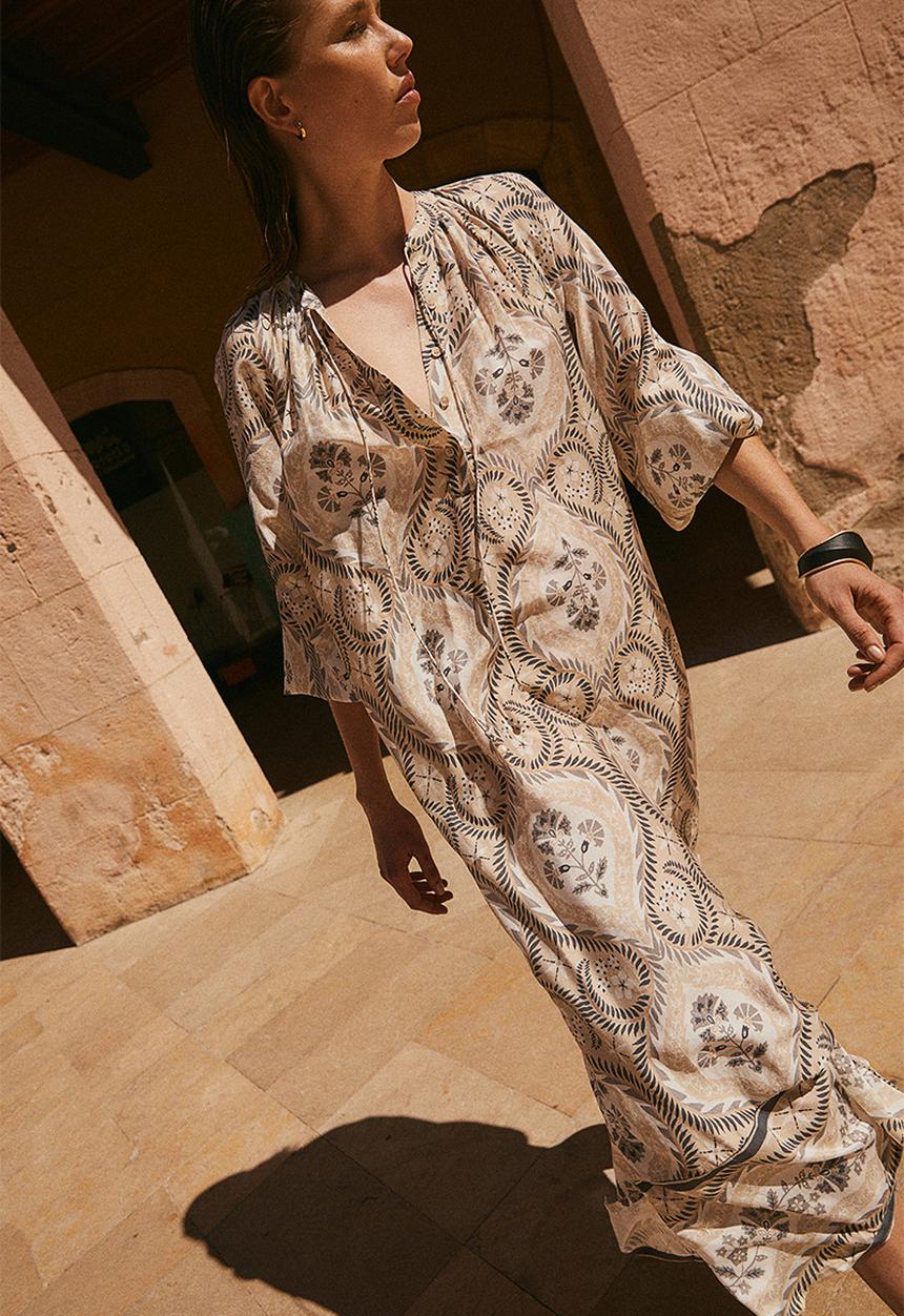 H&M - Balloon-sleeved dress - beige patterned