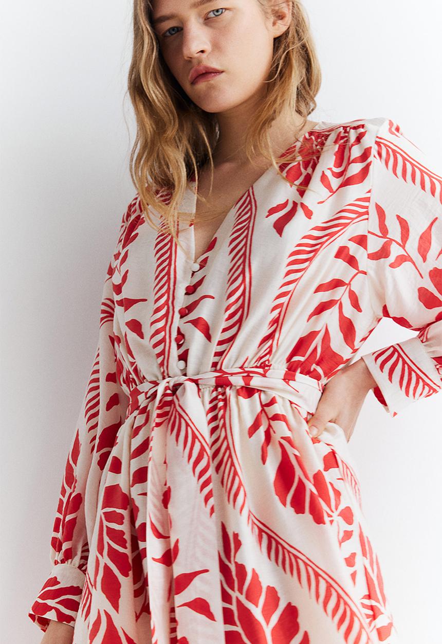 H&M - Tie-belt dress - cream & red patterned