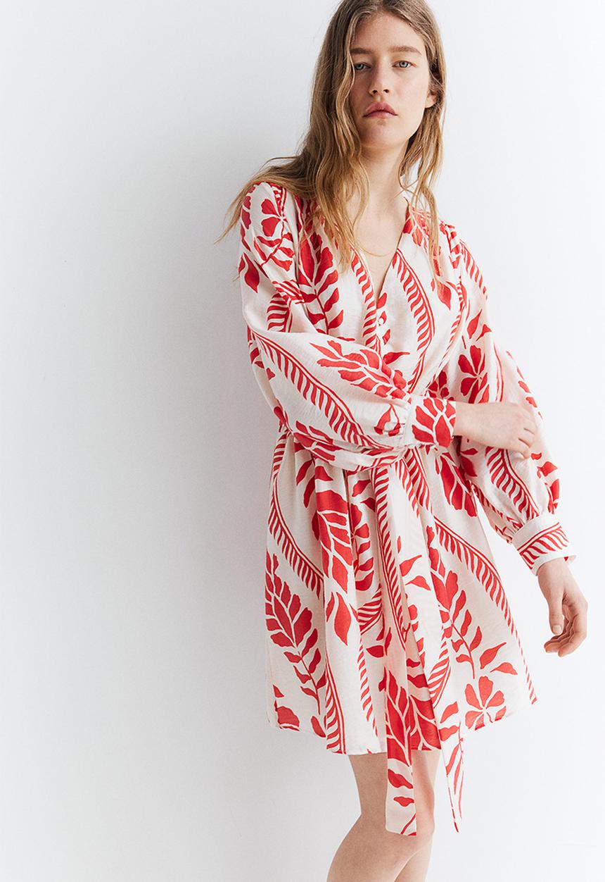 H&M - Tie-belt dress - cream & red patterned