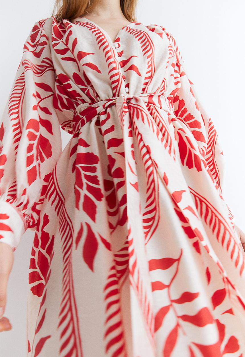 H&M - Tie-belt dress - cream & red patterned