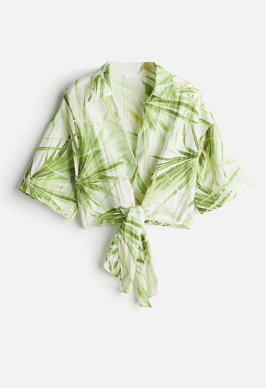 H&M - Tie-detail blouse - white & palm leave