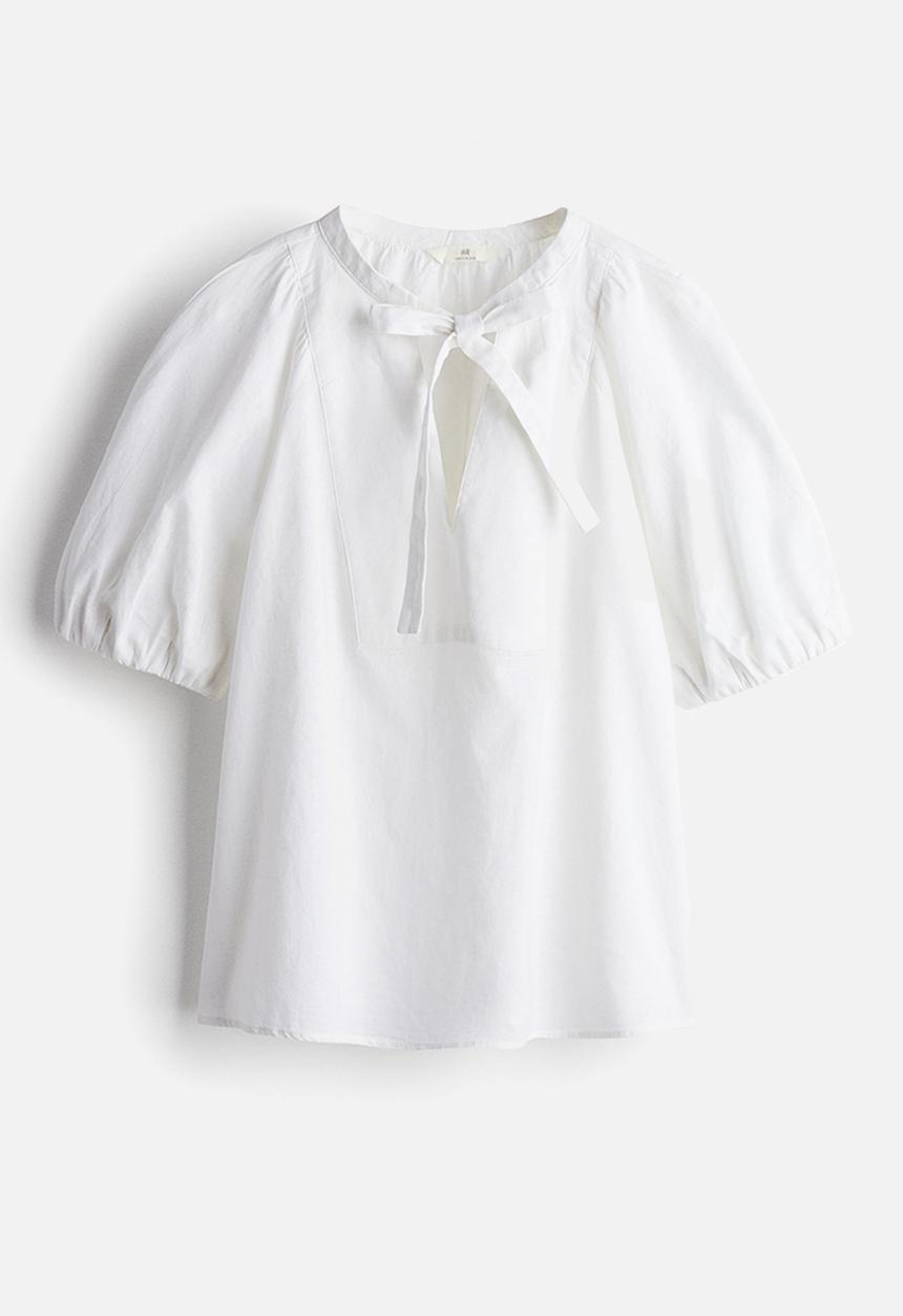 H&M - Linen-blend tie-neck blouse - white