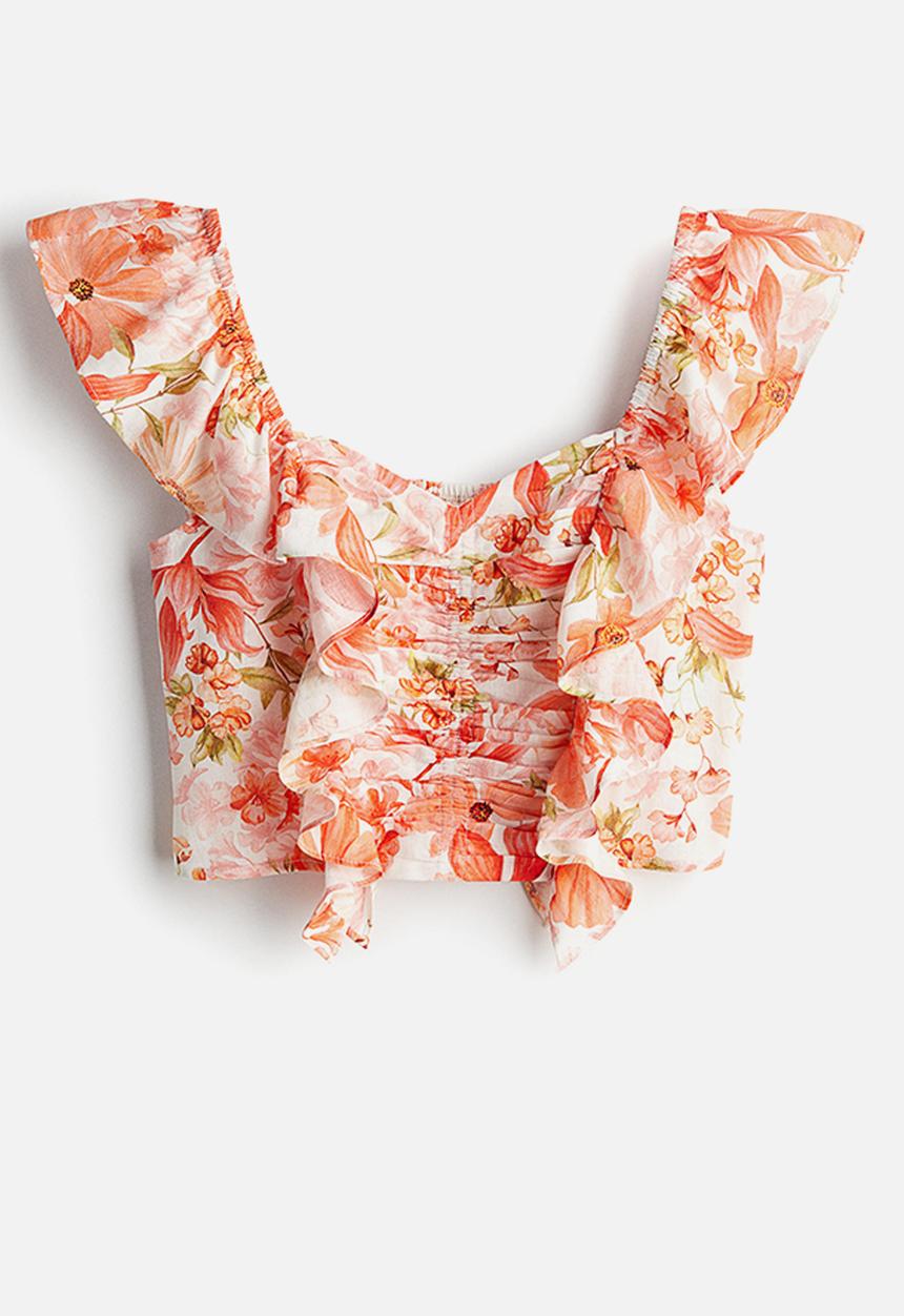 H&M - Linen-blend cropped blouse - coral & red floral