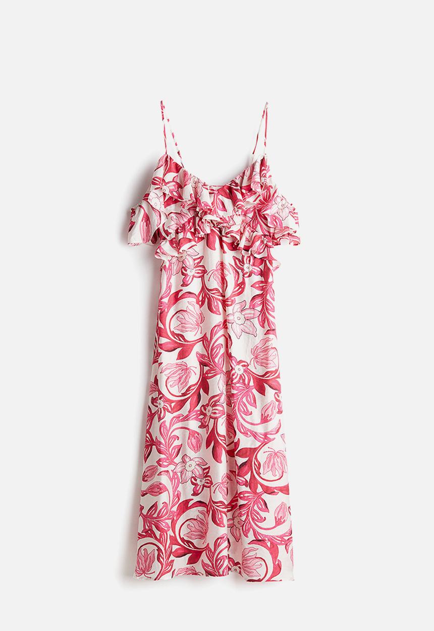 H&M - Flounced cold shoulder dress - white & pink floral