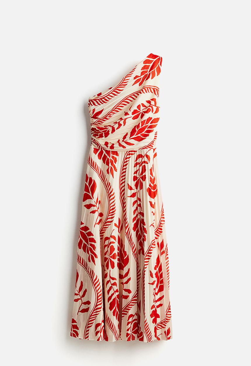 H&M - Pleated one-shoulder dress - cream & red patterned