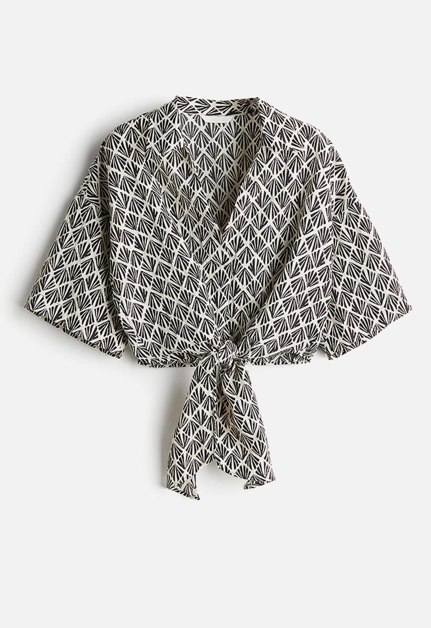 H&M - Tie-detail blouse - black & patterned