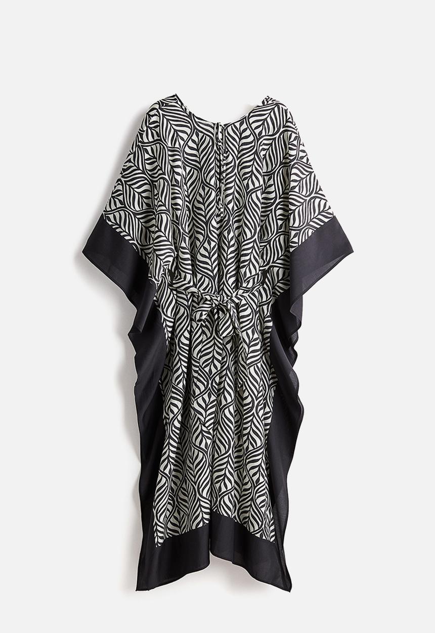 H&M - Tie-belt kaftan dress - black/leaf-patterned
