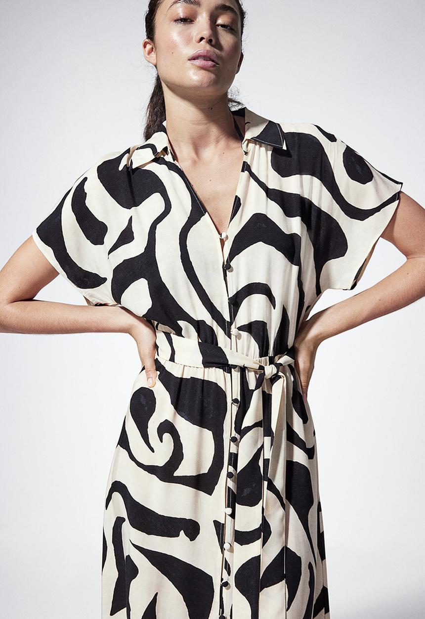 H&M - Tie-belt shirt dress - cream & patterned
