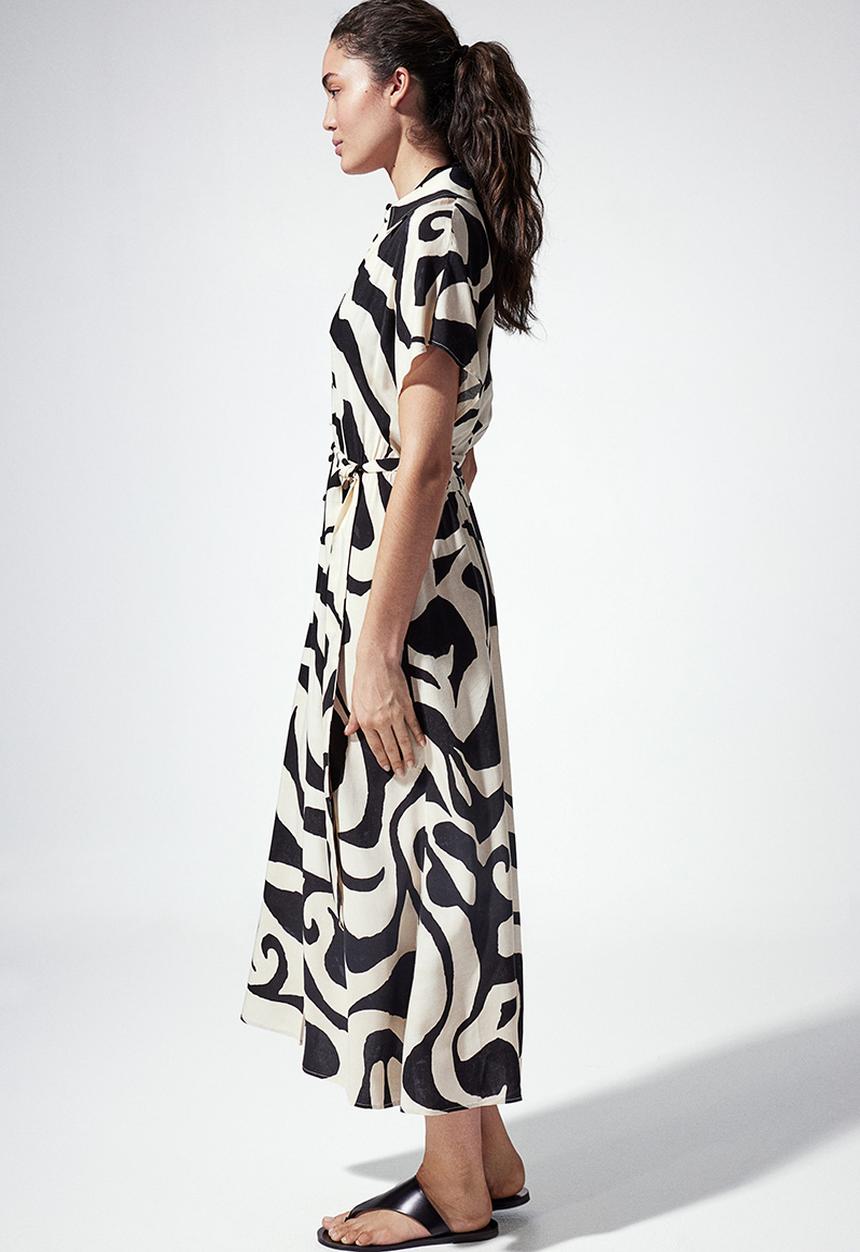 H&M - Tie-belt shirt dress - cream & patterned