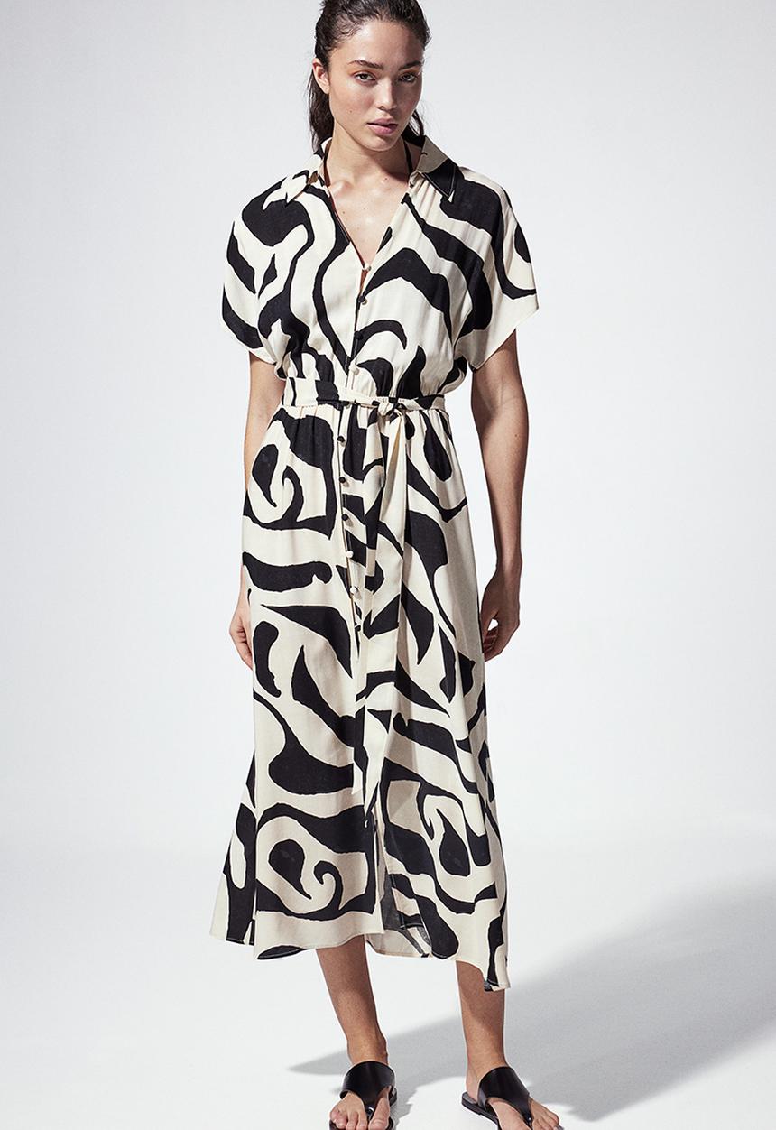 H&M - Tie-belt shirt dress - cream & patterned
