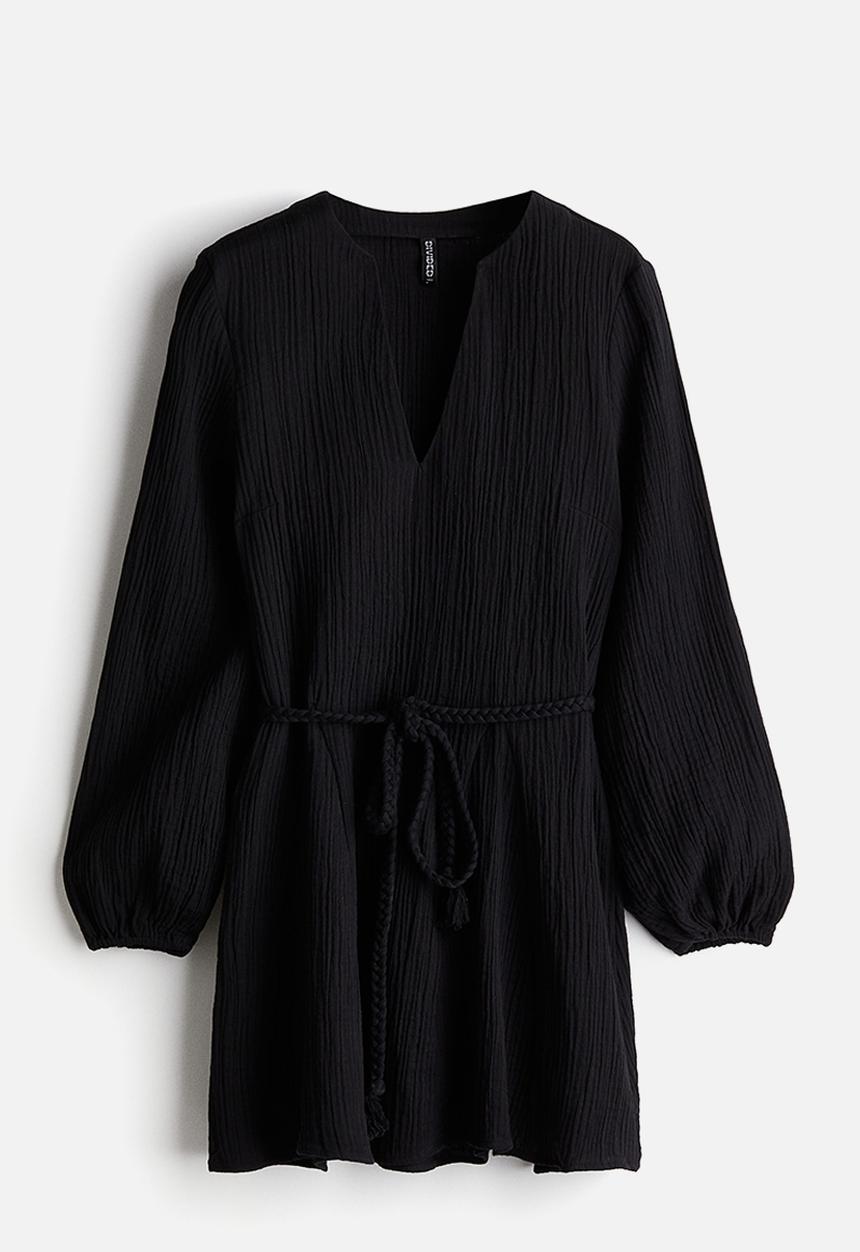 H&M - Tie-belt balloon-sleeved dress - black