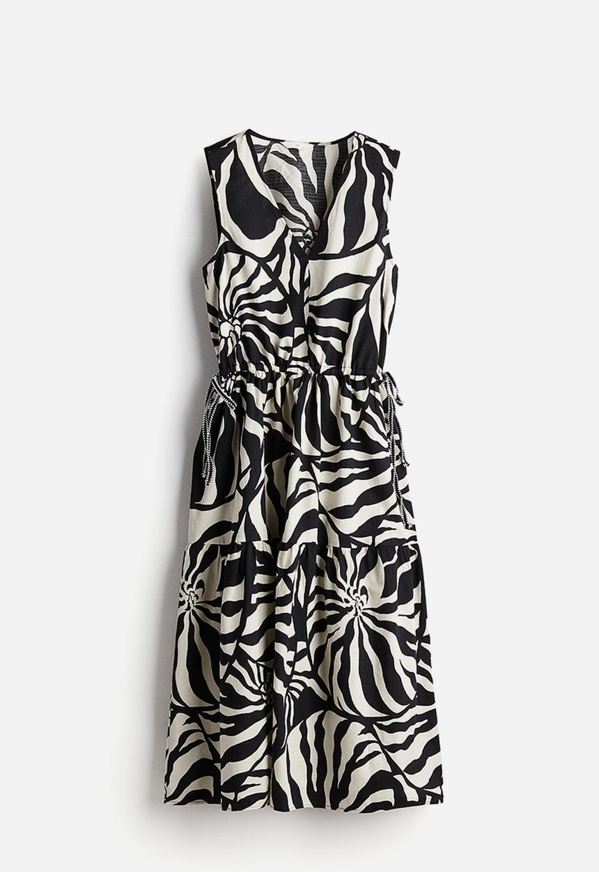 H&M - Drawstring-detail cotton dress - black patterned