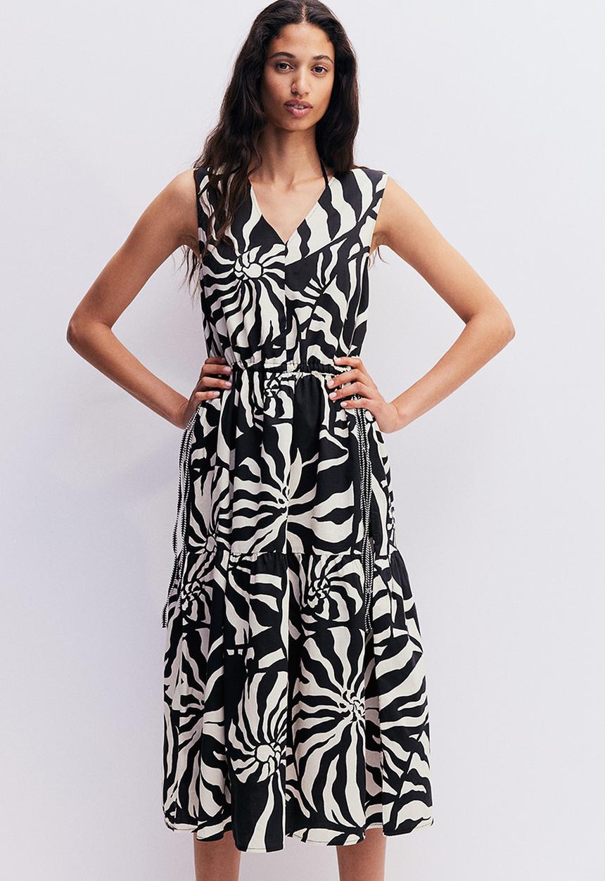 H&M - Drawstring-detail cotton dress - black patterned