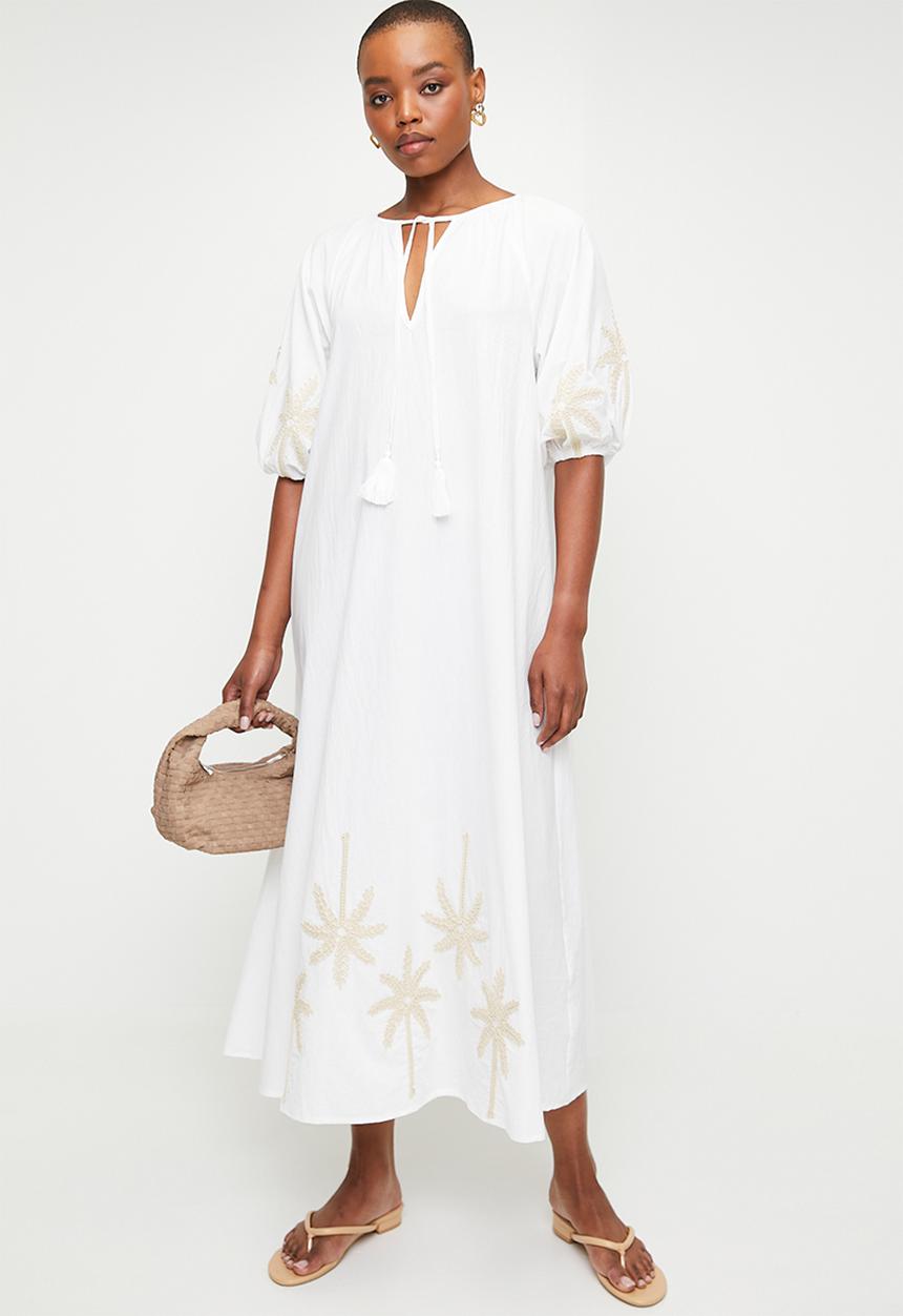 edit - Puff sleeve embroidery dress - white
