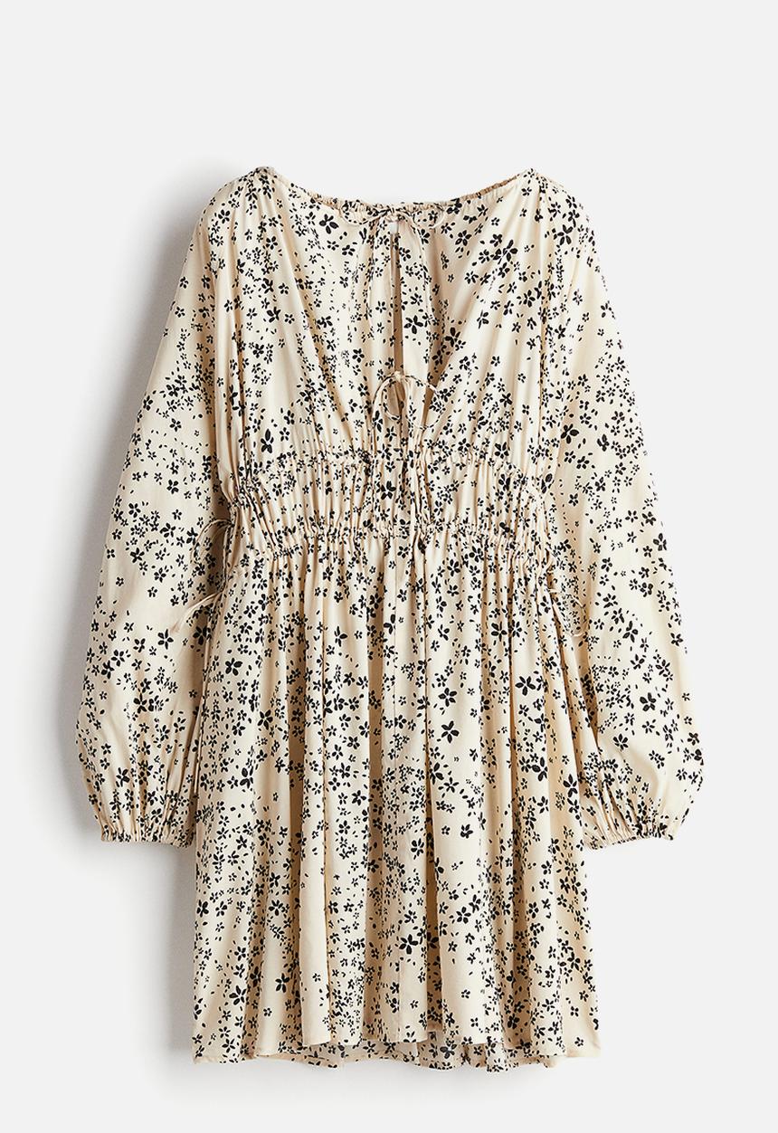 H&M - Drawstring-detail dress - light beige/small flowers