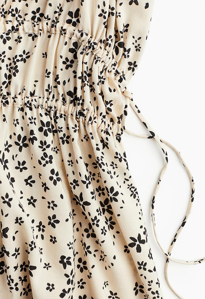 H&M - Drawstring-detail dress - light beige/small flowers
