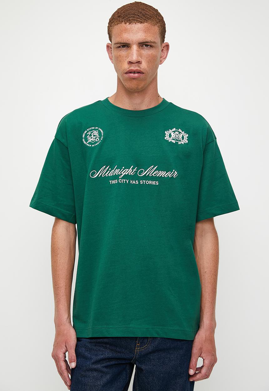 Cotton On - Box Fit Text T-Shirt - Evergreen/Midnight Memoir