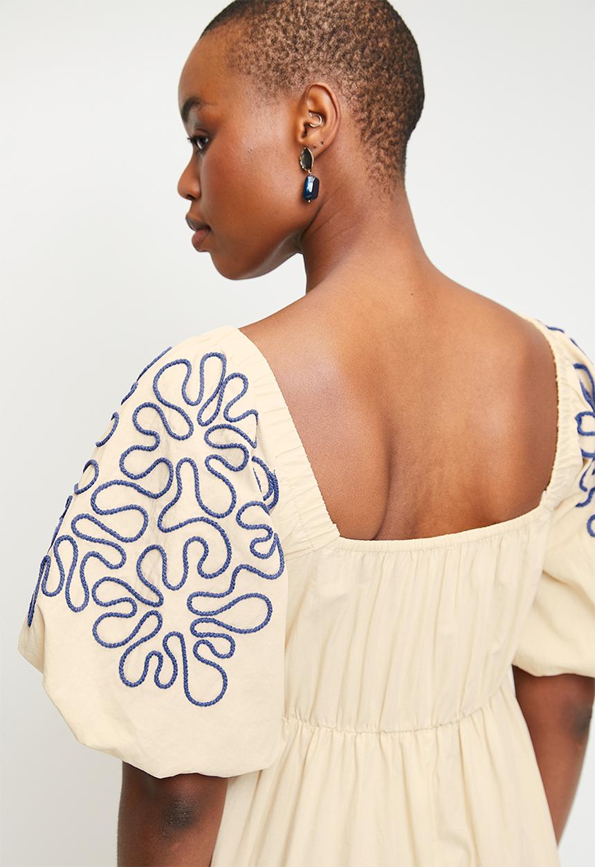edit - Square neck puff sleeve fit & flare dress - neutral