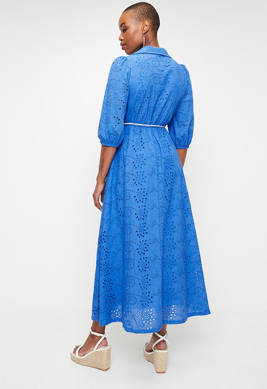 edit - Button thru anglaise shirt dress with belt - blue