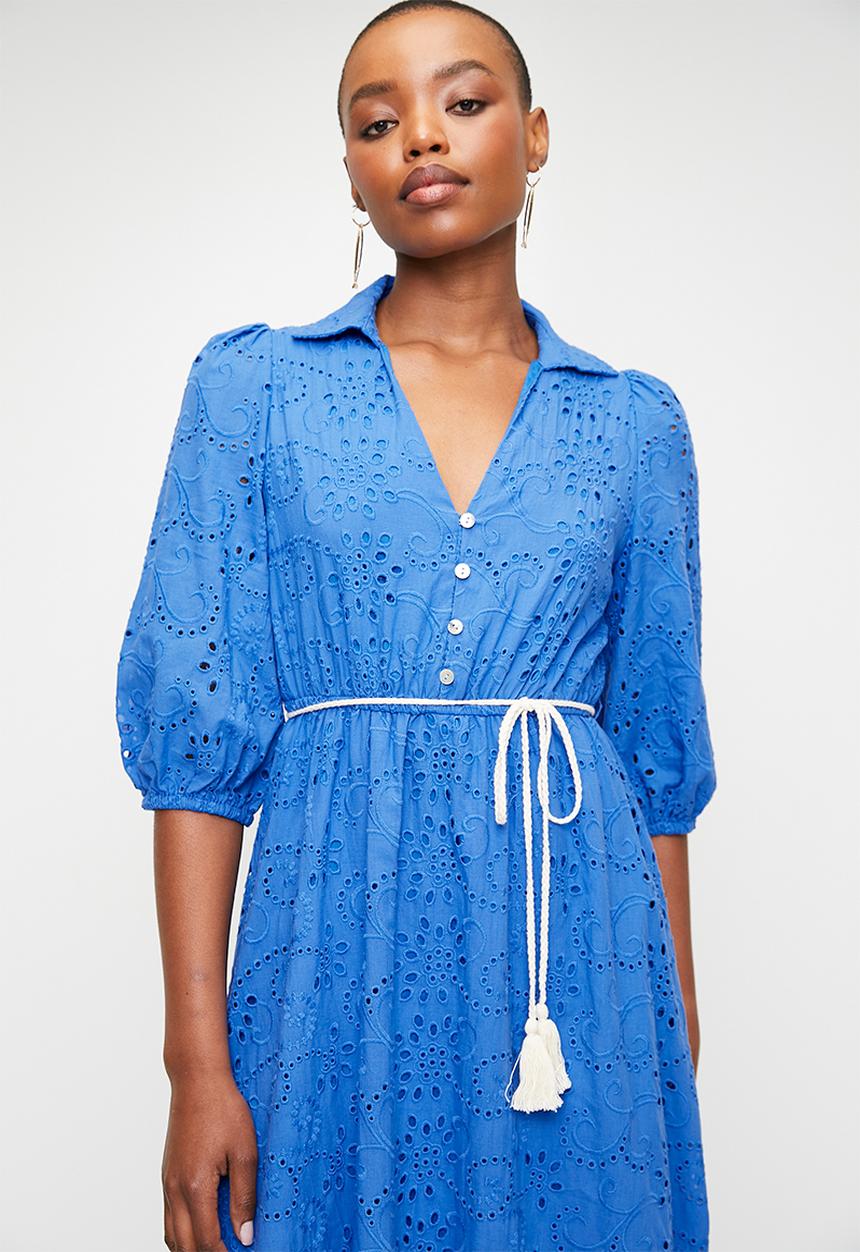 edit - Button thru anglaise shirt dress with belt - blue