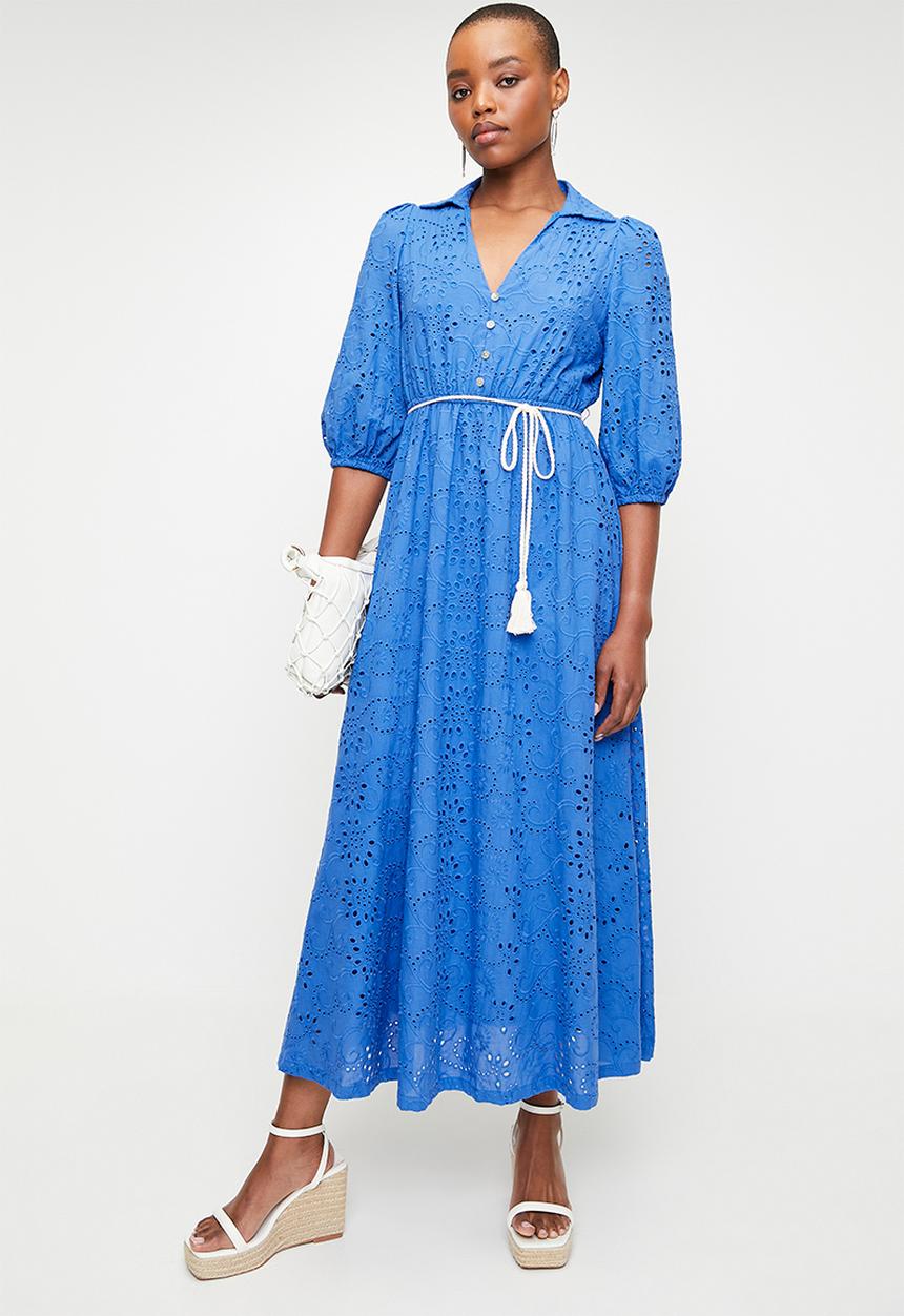 edit - Button thru anglaise shirt dress with belt - blue