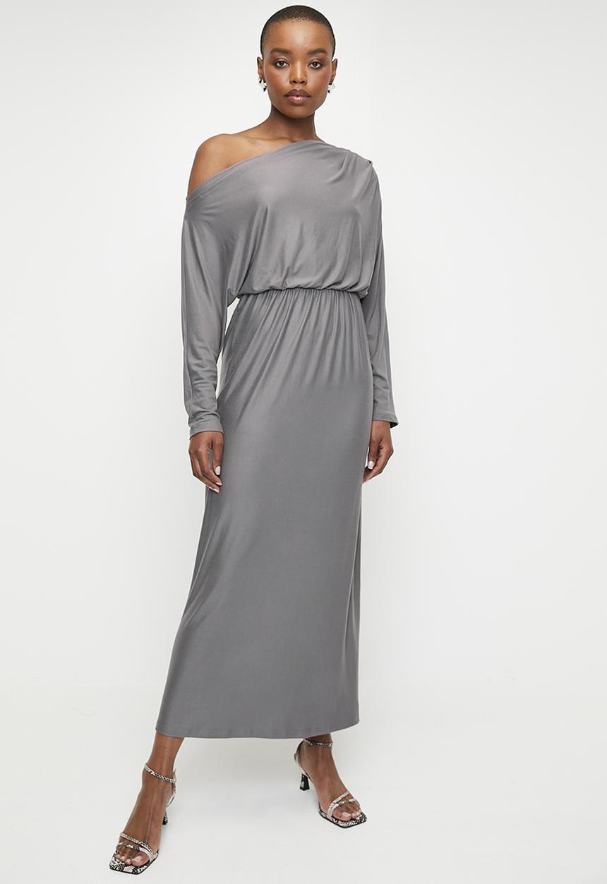 edit - Slash Neck Soft Waist Midi Dress - Grey