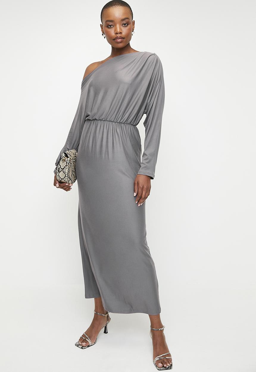 edit - Slash Neck Soft Waist Midi Dress - Grey