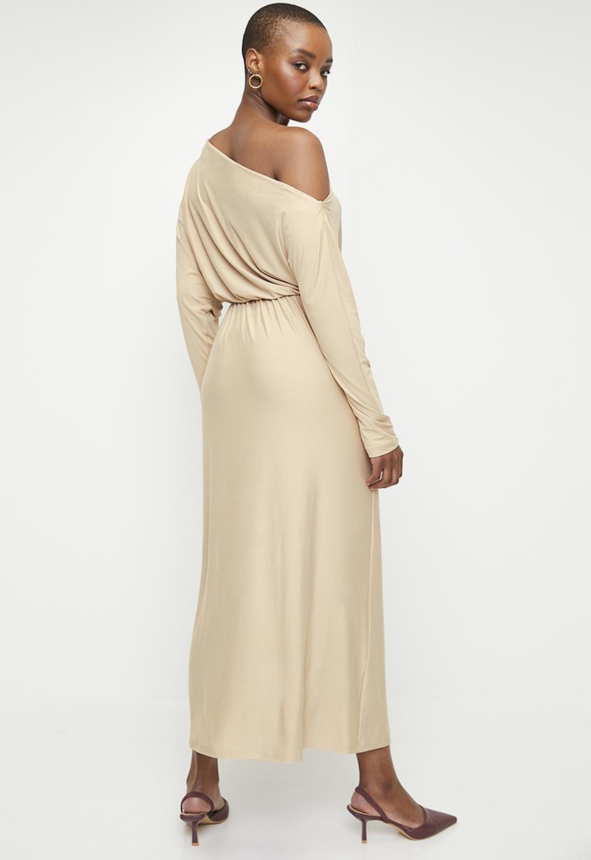 edit - Slash Neck Soft Waist Midi Dress - Neutral