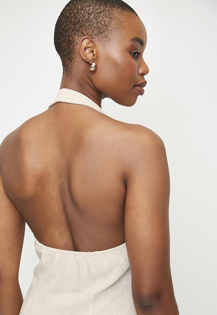 edit - Linen Blend Halter Midi Dress - Neutral