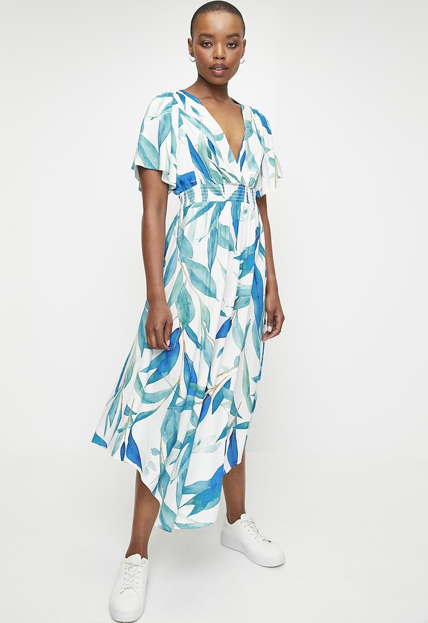 edit - Flutter Sleeve Wrap Fit & Flare Dress - Blues Artful leaf
