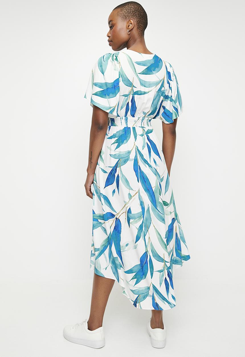 edit - Flutter Sleeve Wrap Fit & Flare Dress - Blues Artful leaf