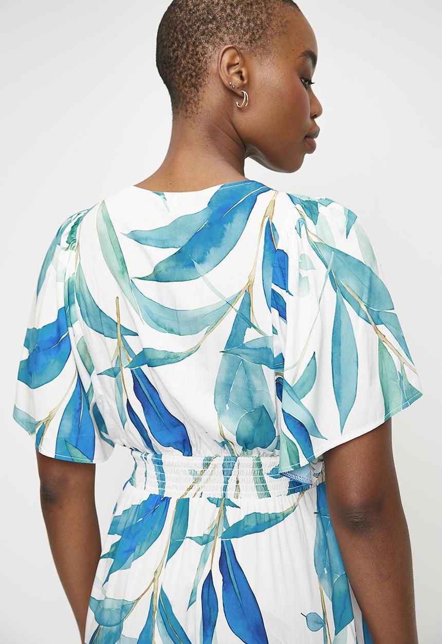 edit - Flutter Sleeve Wrap Fit & Flare Dress - Blues Artful leaf