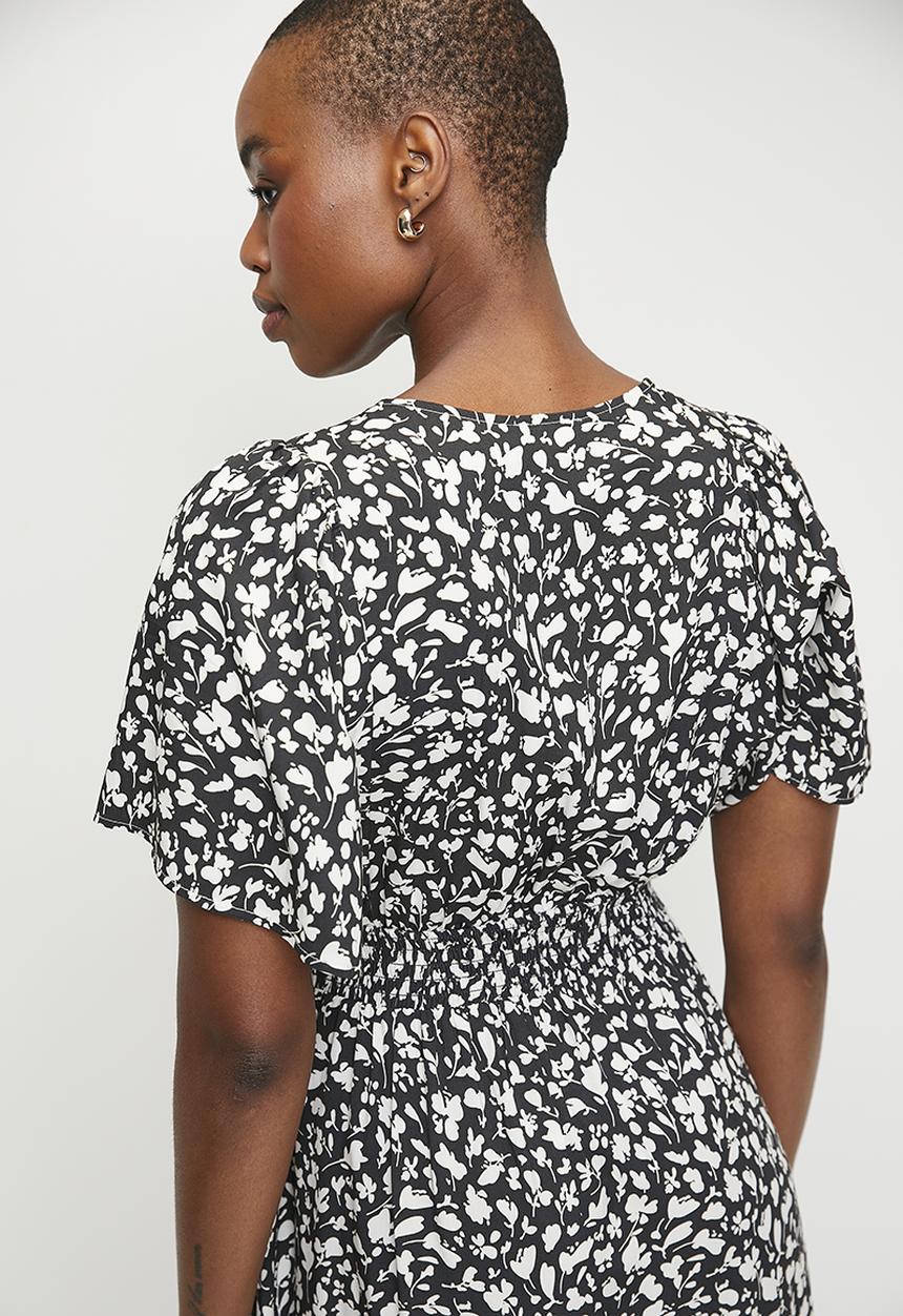 Flutter Sleeve Wrap Fit & Flare Dress - Black Mono Foliage Ditsy