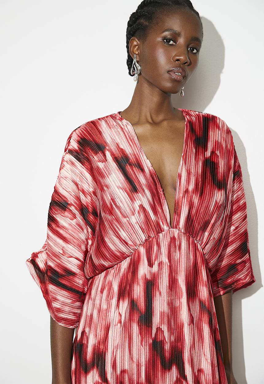 VELVET - Dolman sleeve pleated maxi dress - Red Diffusion Watercolour
