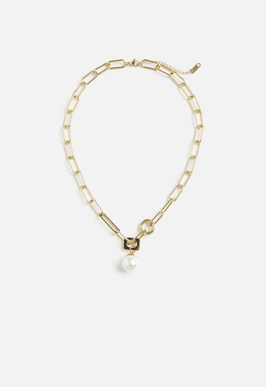 Zoe on Trend - Long link designer necklace with pearl drop - gold